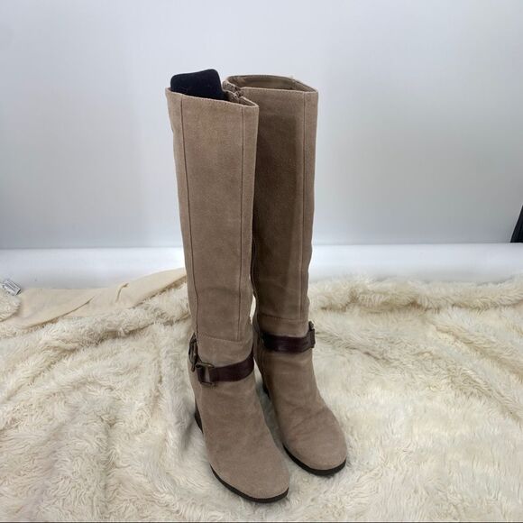 Nine West Vintage America Boots Over The Knee Tan Suede Side Zip Wedge Womens 9M - Picture 1 of 8